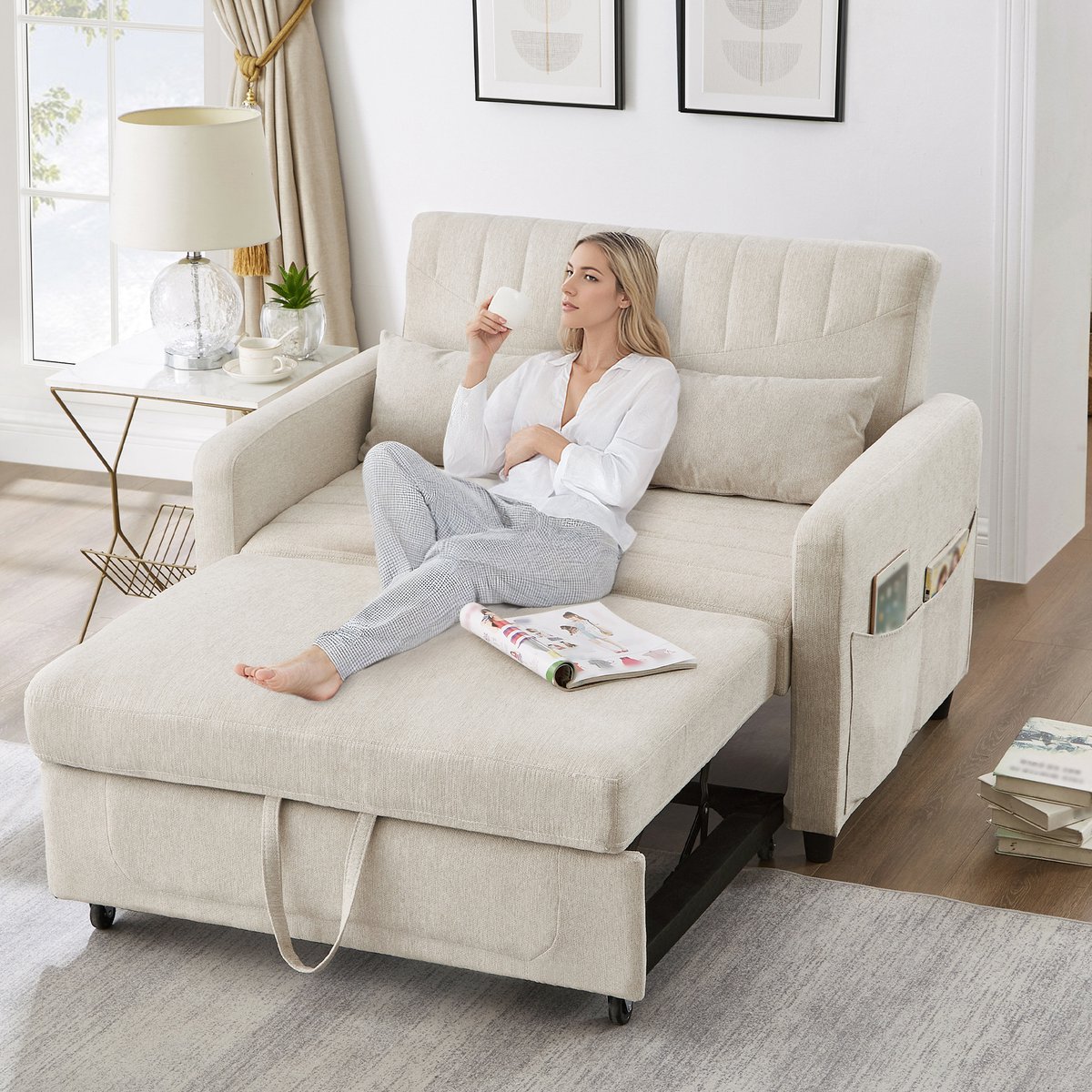 FloraGrace Slaapbank Uittrekbaar Met 3 Standen Verstelbare Rugleuning – Voor Woonkamer Of Slaapkamer – Schuim – Beige