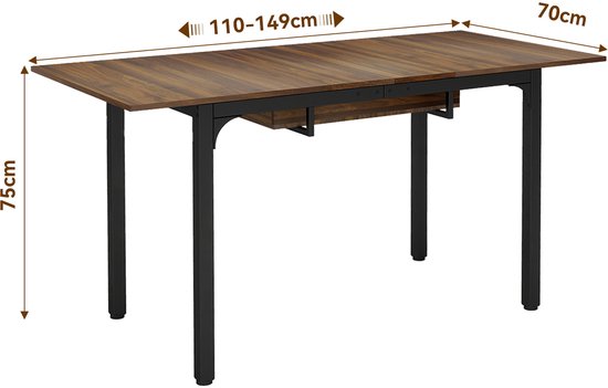 Eettafel met walnoothouten blad en zwart metalen frame, afmetingen 110-149 x 70 x 75 cm.