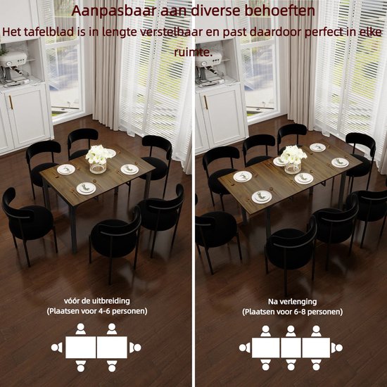 Eettafel met walnoothouten blad, aangepast aan diverse behoeften, in lengte verstelbaar van 4-6 naar 6-8 personen.