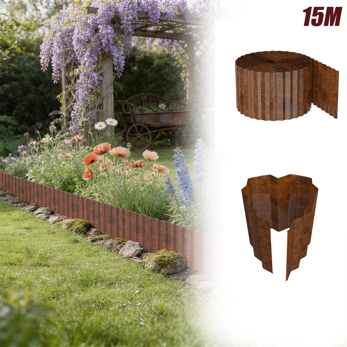 Aufun 3 Stuks Gazonrand 5 m - Roestkleur- 18cm Hoog - Gegalvaniseerde maairand - Voor tuin en gazon