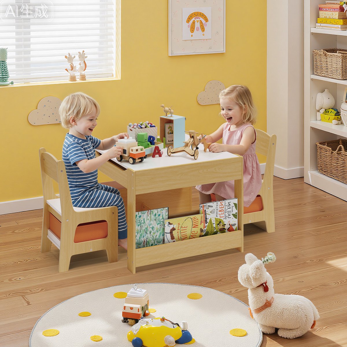 Xbro Kindertafel met Schoolbord en Whiteboard, Kinder Tekentafel, Speeltafel met Opbergruimte, 3-in-1 Kindertafel en Stoeltjes, Ideaal voor tekenen, knutselen en leren, Retro