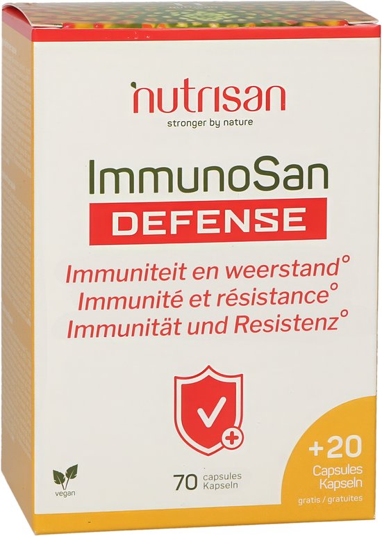 Nutrisan ImmunoSan Defense, 70 capsules, met een schildicoon en een vinkje. Vegan.