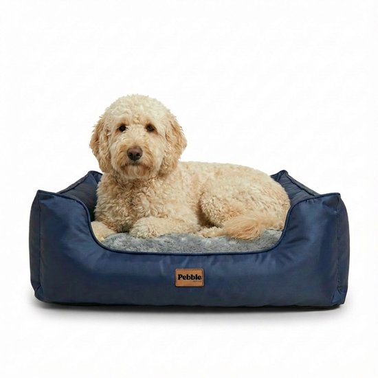 Labrador dans un panier pour chien bleu foncé avec doublure grise. Le logo 'Pebble' est visible.