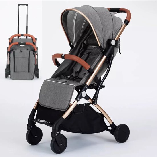 Grijze lichtgewicht buggy met bruine handgrepen en gouden frame. Inklapbaar tot een trolley.
