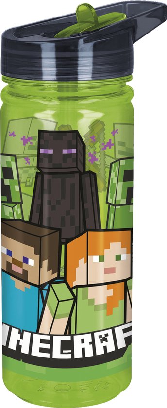 Bouteille d'eau verte transparente avec les personnages Minecraft Steve, Alex, un Enderman et des Creepers. Avec un bouchon noir.