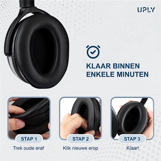 Man met zwarte UPLY-hoofdtelefoon, met stappenplan voor het vervangen van oorkussens.