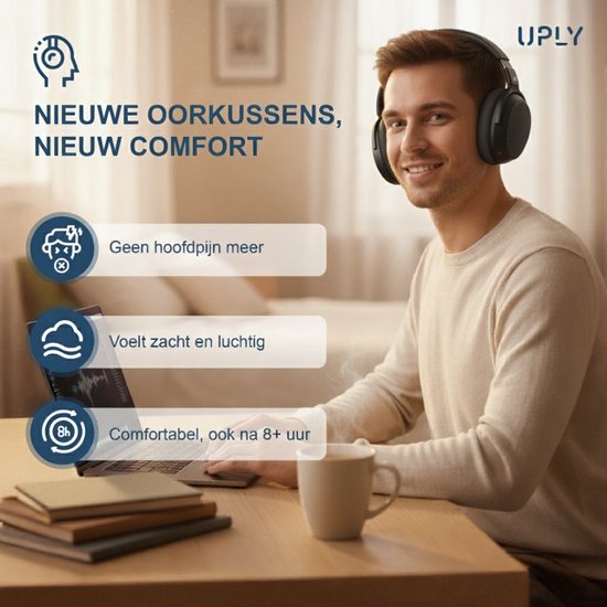 Man met zwarte UPLY-hoofdtelefoon, met tekst 'Nieuwe oorkussens, nieuw comfort'.
