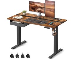 Elektrisch Zit-sta Bureau - Elektrisch Bureau verlichting en Geheugenfunctie - Bureau wielen - traploos verstelbaar - haak -60 x 120x (72-120) cm - Bruin - Zwart