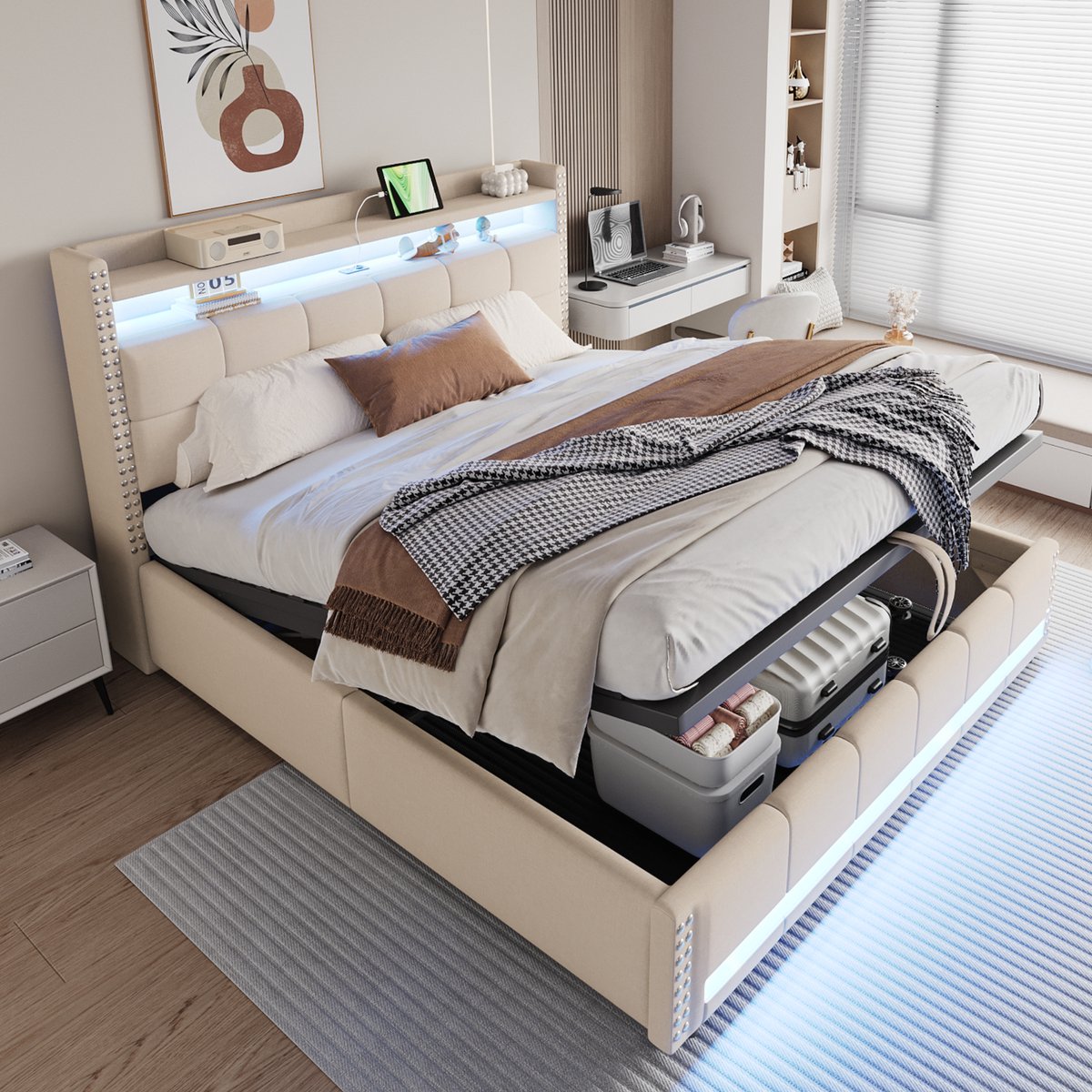 MODFU Bedframe 180x200 cm, gestoffeerd linnen, beige, met LED, USB en opbergruimte