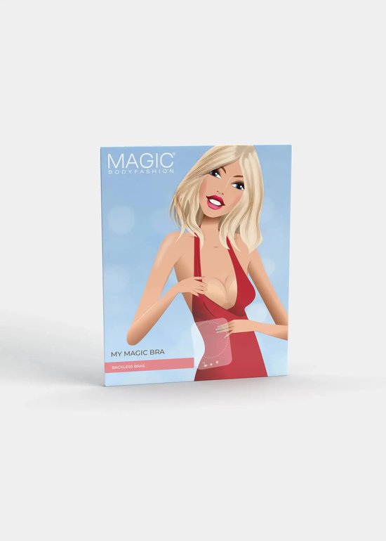 Illustratie van een vrouw in een rode jurk die de 'My Magic Bra' van MAGIC Bodyfashion draagt.