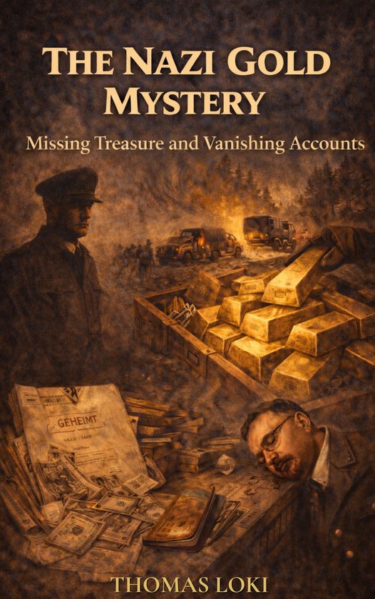 Couverture du livre 'The Nazi Gold Mystery' avec des lingots d'or, de l'argent, des documents et des soldats.