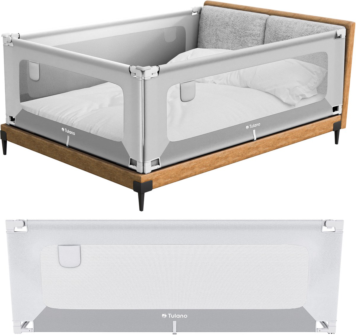 Tulano Cover 40 - Veilig Baby Bedhekje - Uitvalbeschermer Uitvalbeveiliging - 200 cm - Wit/Grijs