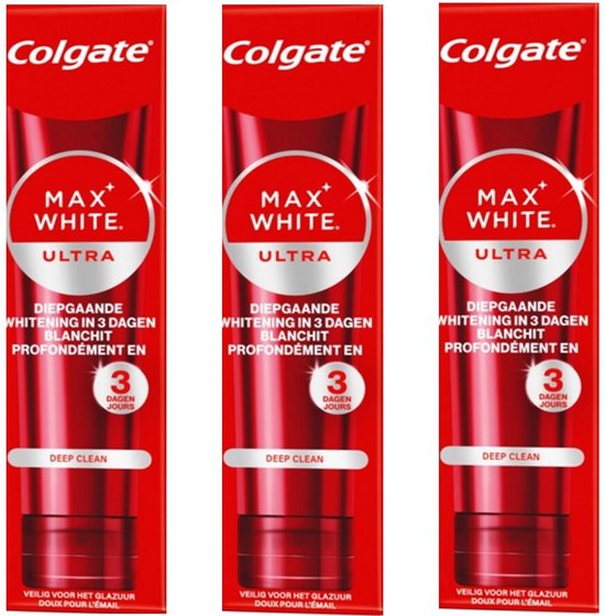 Trois tubes de dentifrice Colgate Max White Ultra avec le texte 'Blanchiment profond en 3 jours' et 'Nettoyage en profondeur'.