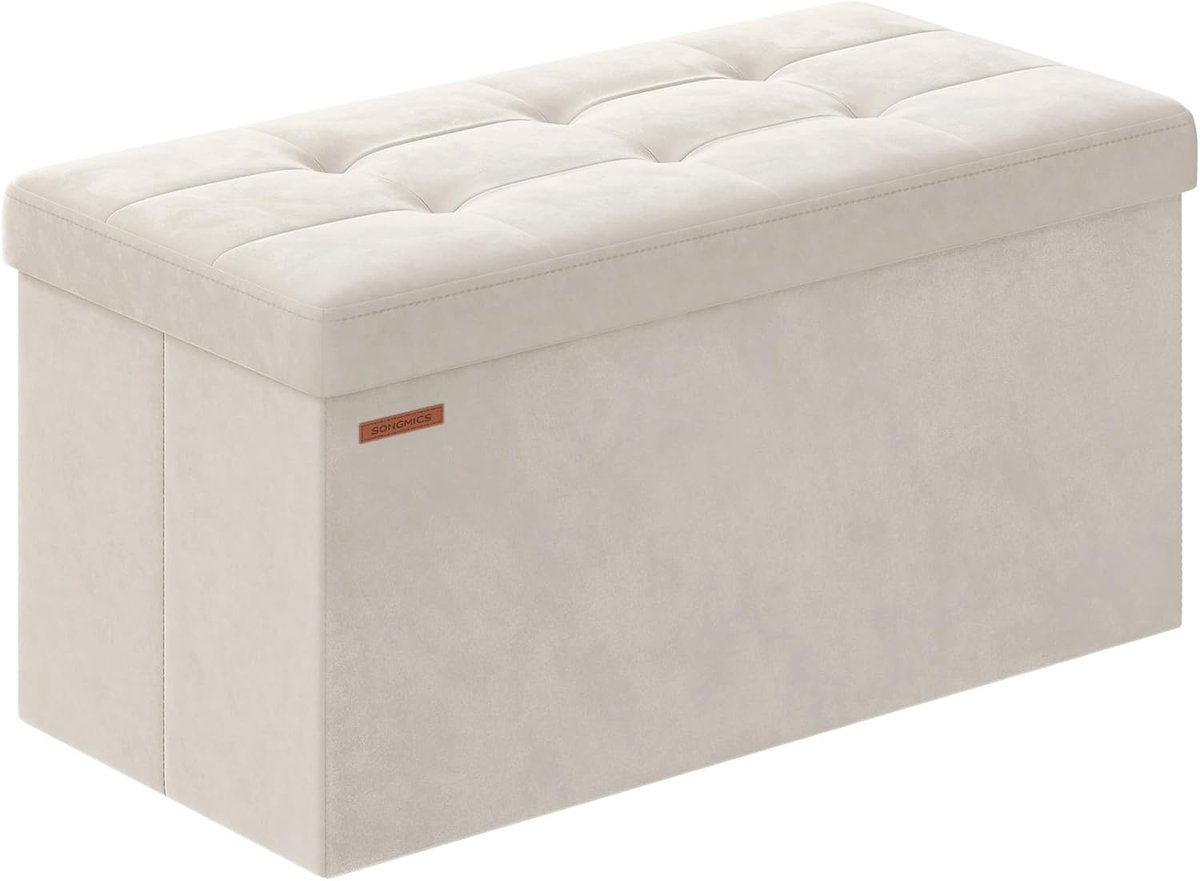 SONGMICS Mazie Collectie - Opbergpoef/bankje, opklapbare voetensteun, 38 x 76 x 38 cm, bankje voor aan het voeteneinde van het bed, opbergkist, draagvermogen 300 kg, woonkamer, slaapkamer, hal, crèmewit ULSF247W01