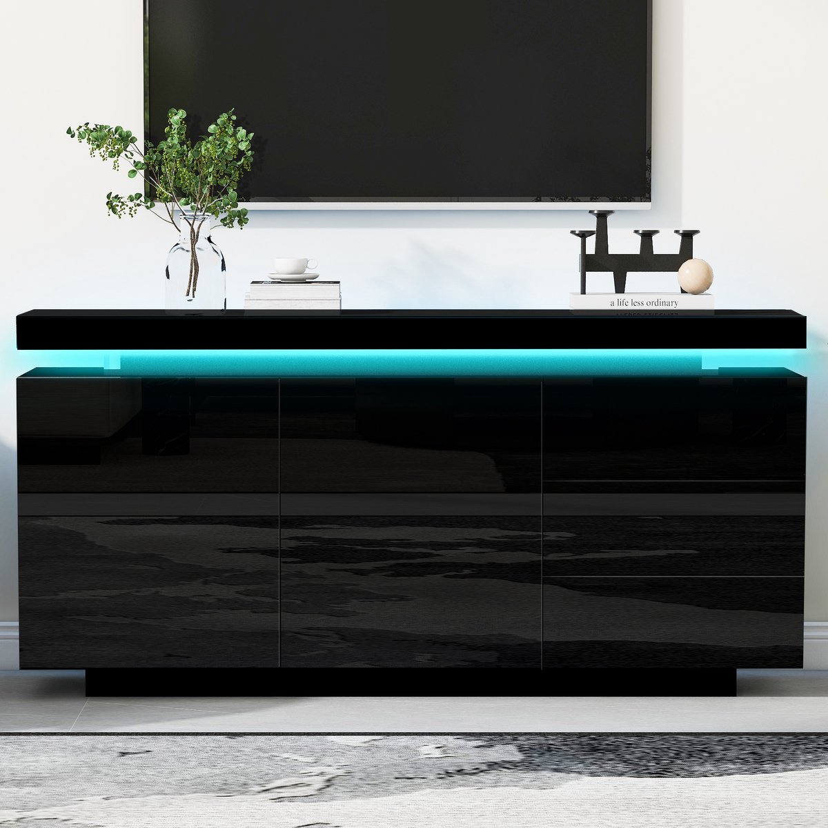 FloraGrace Dressoir Hoogglans Led Verlichting 2 Deuren 3 Lades Modern Voor Woonkamer En Hal Spaanplaat Zwart 140 X 35 X 72,5 Cm