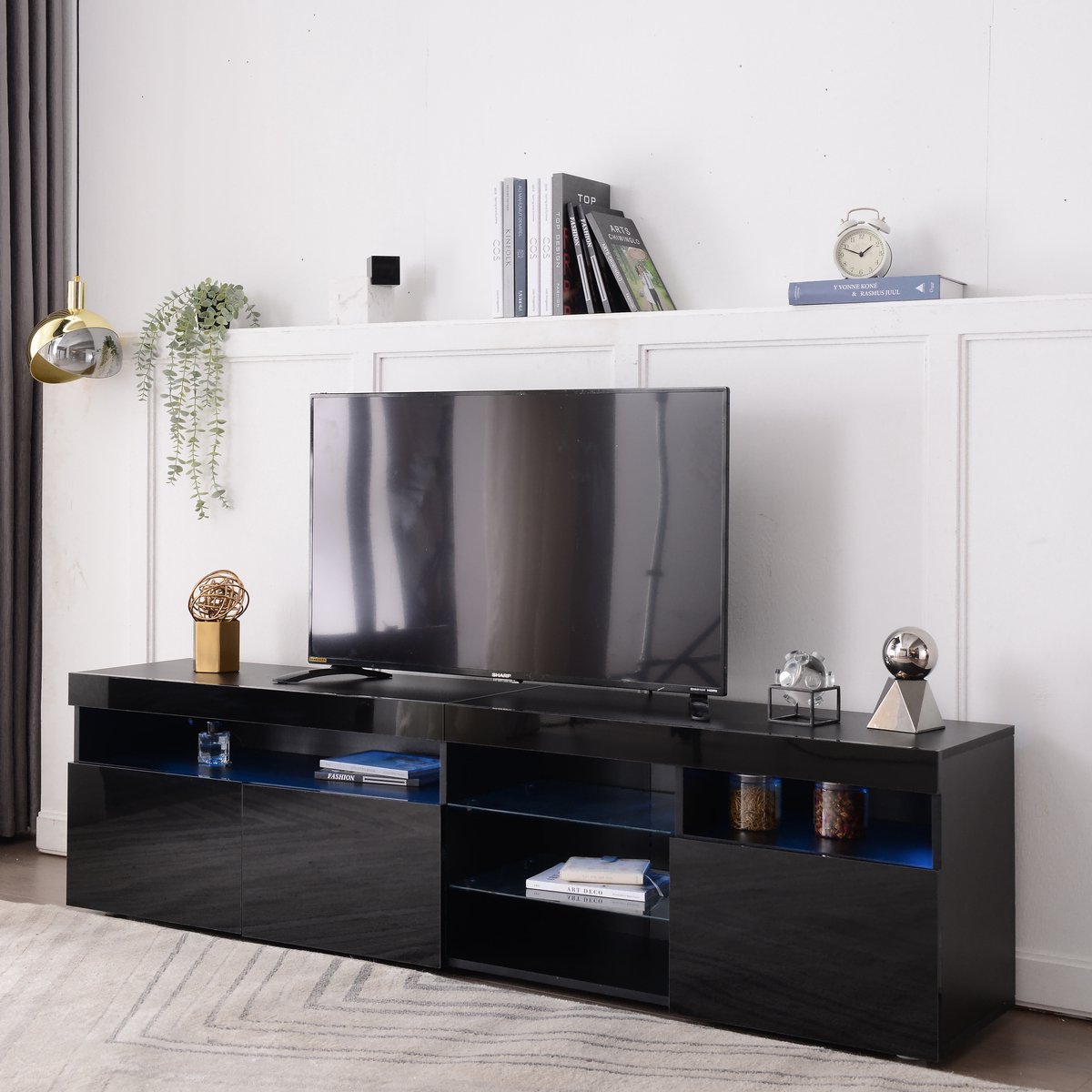 FloraGrace Tv Meubel - Hoogglans Met Ledverlichting En Glasinleg - 3 Deuren Opbergruimte Voor Woonkamer - MDF Zwart - 180x48x35 cm