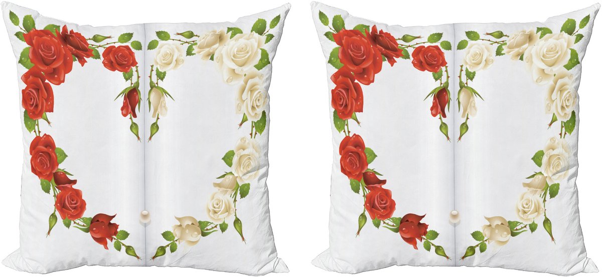 ABAKUHAUS Decoratieve kussenhoes met rozenmotief, set van 2, hartvormig boeket, romantisch, 45x45 cm, rood, wit, groen