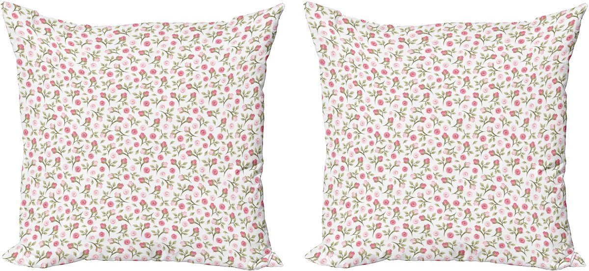 ABAKUHAUS Decoratieve kussenhoezen met bloemenprint, 2 stuks, Rozen en knoppen van bovenaf gezi 60x60 cm, Wit Roze