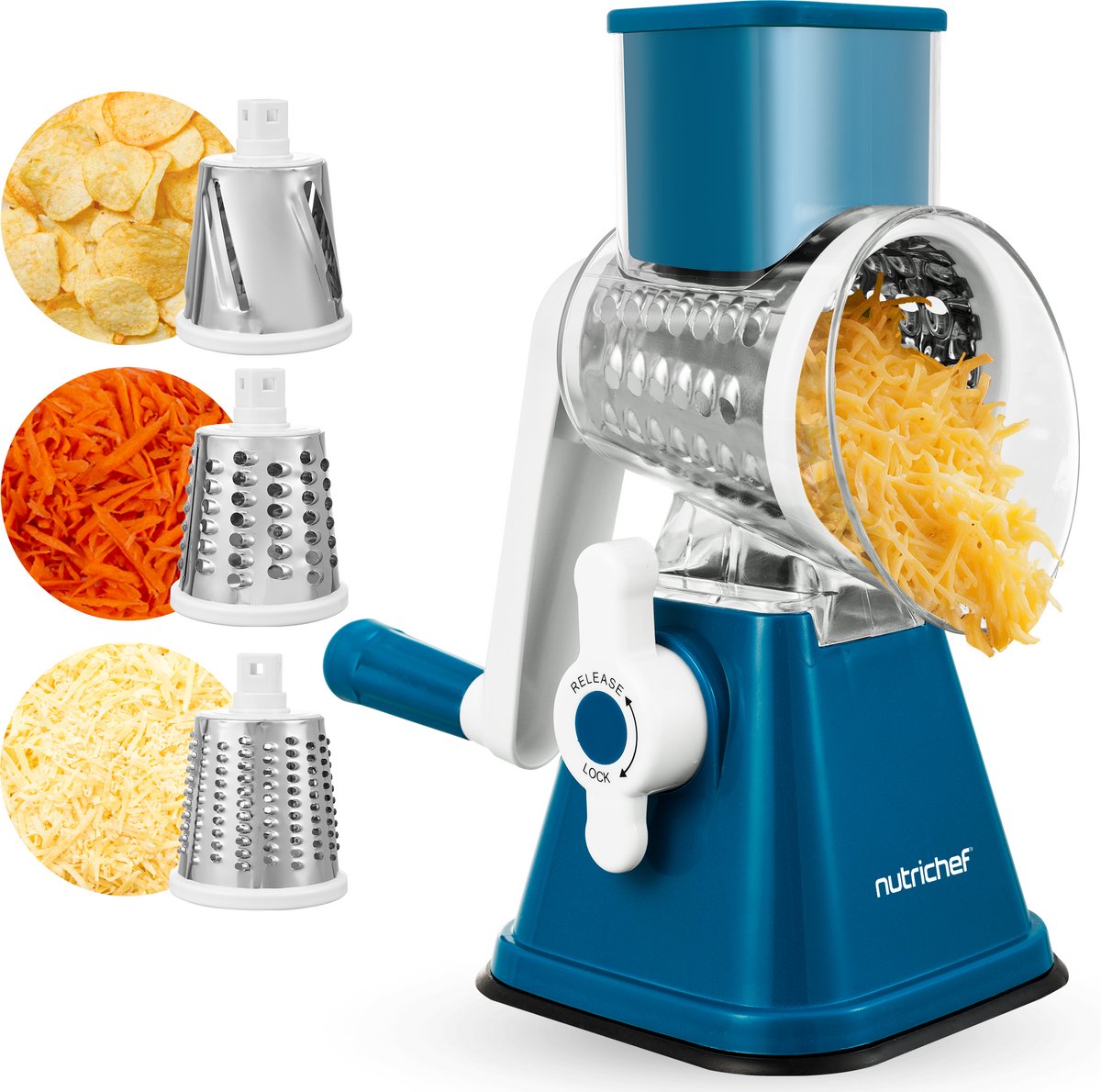 NutriChef Kaasrasp – 3-in-1 Groentesnijder – 3 trommelmessen – Handbediend met veiligheidsvergrendeling en sterke zuigvoet - Blauw