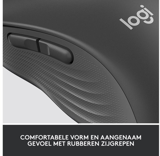 Grijze Logitech M650 muis, close-up van de zijkant met textuur.