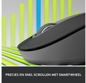 Grijze Logitech M650 L muis, met op de achtergrond grafieken in groen en blauw.