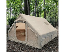Opblaasbare Kampeertent voor 6-8 Personen, Snel Op Te Zetten met Handpomp, 4-Seizoenentent Van 300d Oxford Stof met Ovenaansluiting, Gaasramen En Praktische Opbergtas