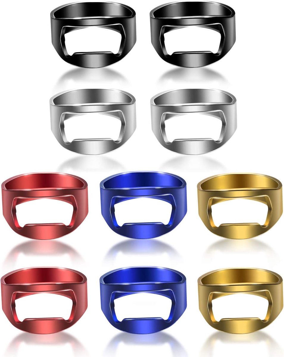 10 Stuks Ring Flesopeners - RVS Vinger Bierflesopener - Kleurrijk voor Feestjes - Cadeau Benodigdheden - Zwart - Zilver - Rood - Geel - Blauw