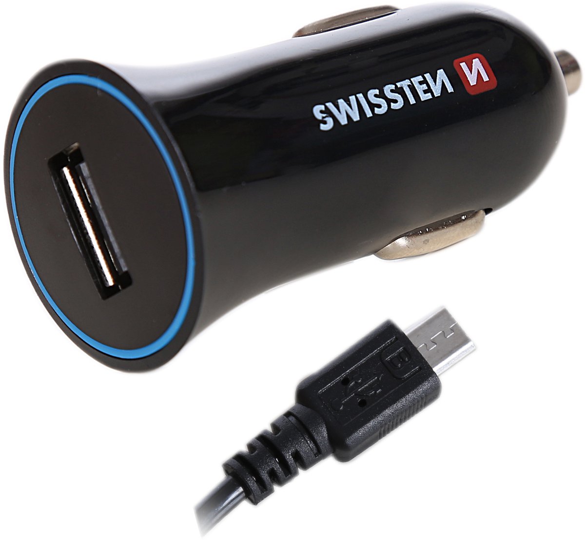 Swissten Autolader 1A met Micro-USB Kabel – Zwart