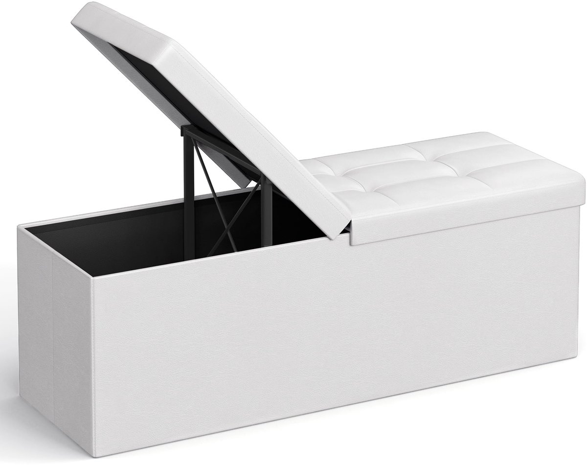 Opvouwbare Opbergpoef XXL – Wit – 110 cm – Kunstleer – Zitbank met Opbergruimte