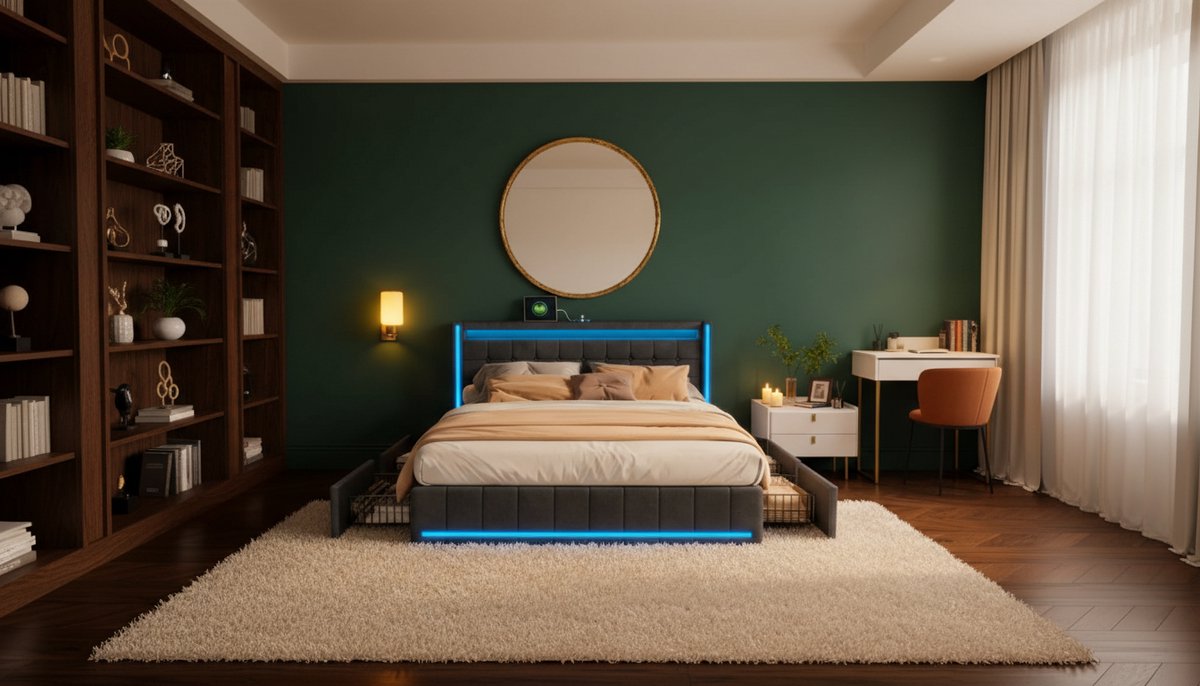 Gestoffeerd Tweepersoonsbed 140x200 cm met Opberglades – Casa Velluto Modern Linnen Bed Frame – Luxe Slaapkamer Bed met 4 Praktische Lades, Duurzame Houten Lattenbodem, Zonder Matras – Grijs C