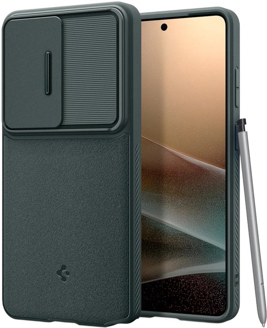 Spigen Optik Armor Camera Slider hoes Samsung Galaxy S26 Ultra groen, stevig kunststof, schokbestendig, privacy slider