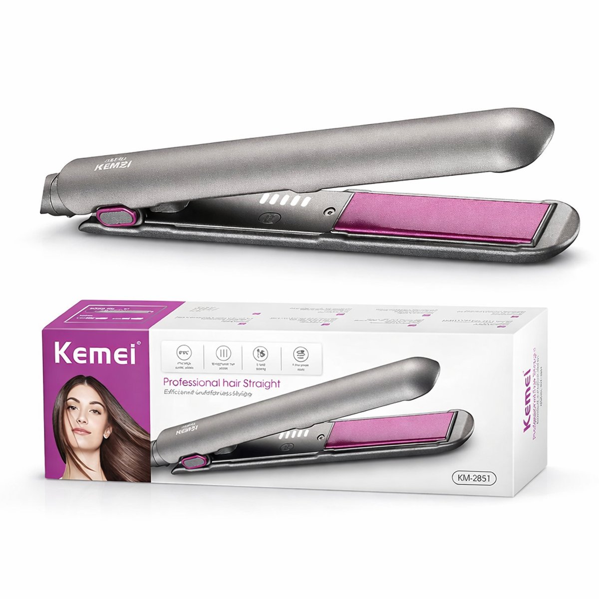 Kemei Professionele 2-in-1 Stijltang en Krultang – Professionele Haar Stijltang met Ionentechnologie – Keramische Platen – 5 Temperatuurstanden – Snelle Opwarmtijd-Opwarmend & Anti-Pluis - Paars/Goud