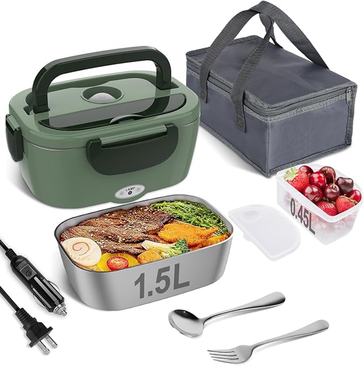Elektrische Lunchbox - Elektrische Verwarmde Broodtrommel - Draagbare Lunchbox - 1.5 L - Elektrische Lunchbox met Compartimenten - Binnenvoering van Roestvrij Staal - Inclusief een Lepel en een Vork - 60W