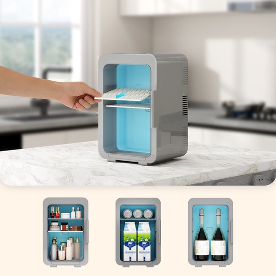 Puluomis - Mini koelkast 10L - Skincare & make-up fridge - 12V & 220V - Koel & warm - Auto koelkast - Compact - Ggrijs van Merkloos — afbeelding 3