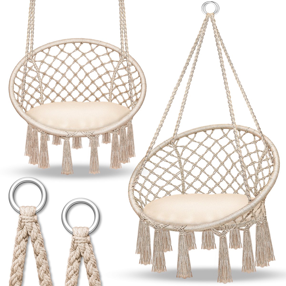 tillvex Hangstoel 150 kg met 2 stalen ringen | Hangstoel voor binnen en buiten | Weerbestendig, schommelmand met kussen | Voor woon- en tuin