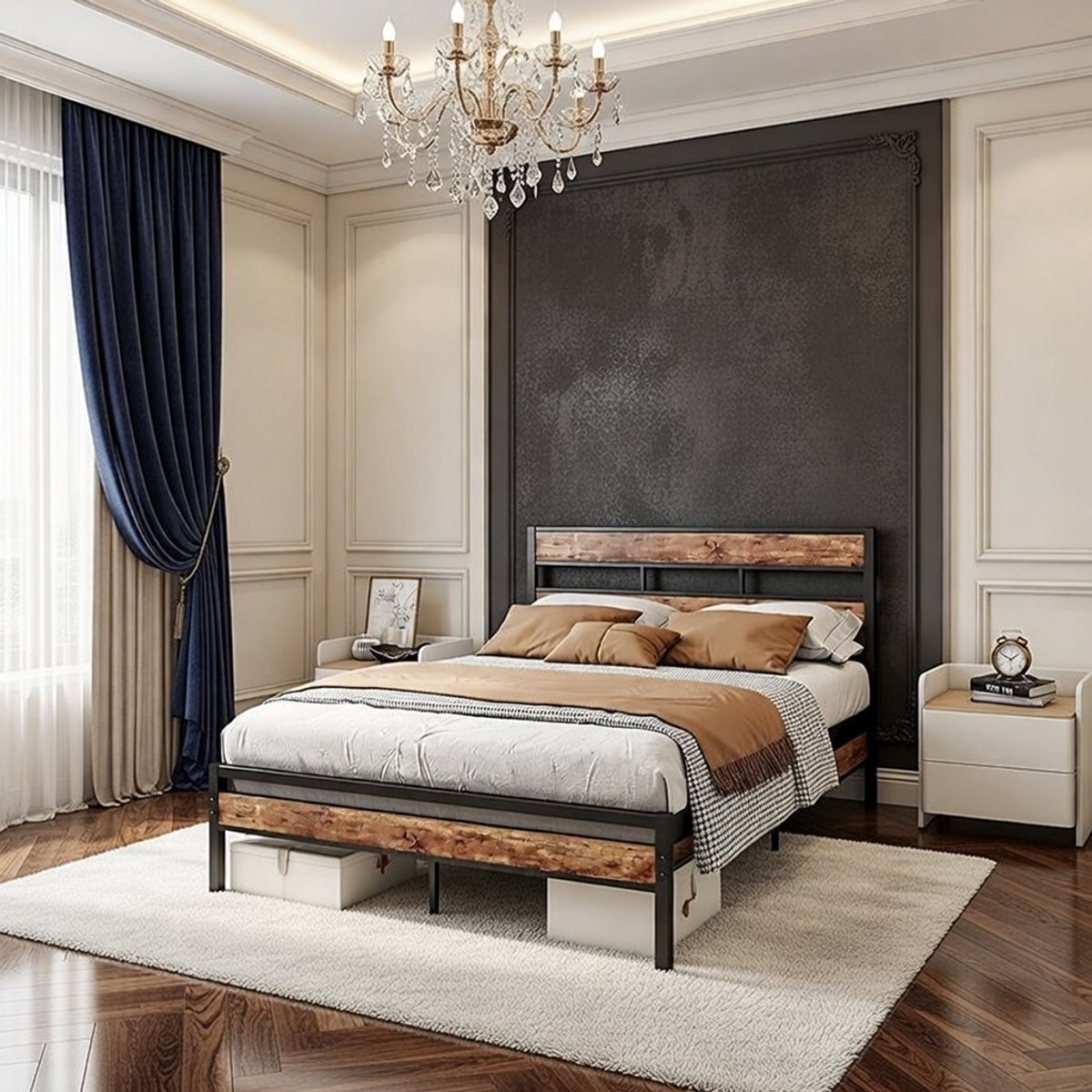 Modern Metalen Tweepersoonsbed 140 x 200 cm - Stevig Bedframe met lattenbodem, Hoogwaardig Hoofdeinde, Geluidsvrij, Eenvoudige Montage - Ideaal voor Slaapkamer, Logeerkamer of Tienerkamer - Zwart Casa Serena
