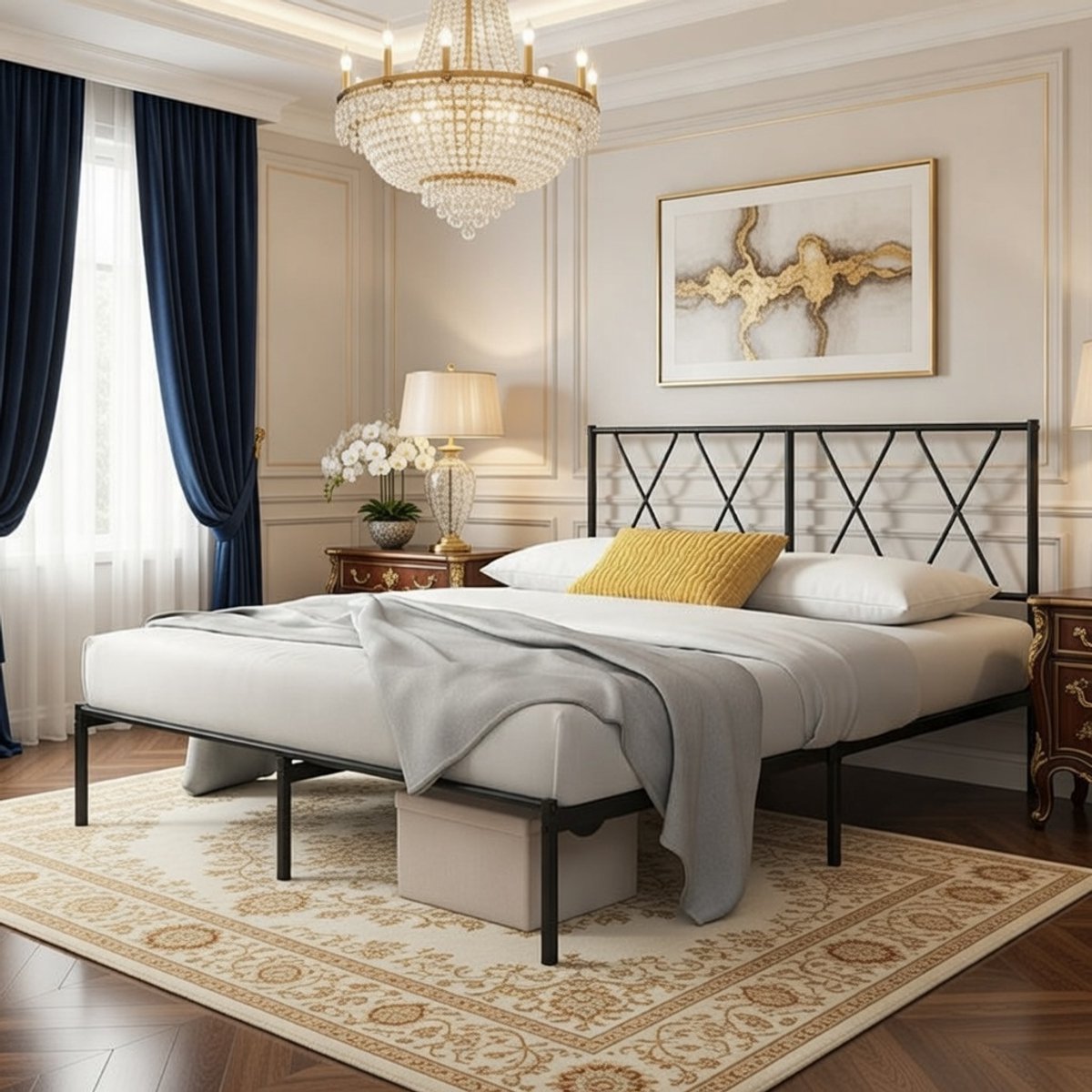 Luxe Metalen Bedframe met Hoofdeinde – 140 x 190 cm – Modern Design, Stevig Stalen Frame, Eenvoudige Montage, 30 cm Opbergruimte onder Bed – Zwart Casa Serena