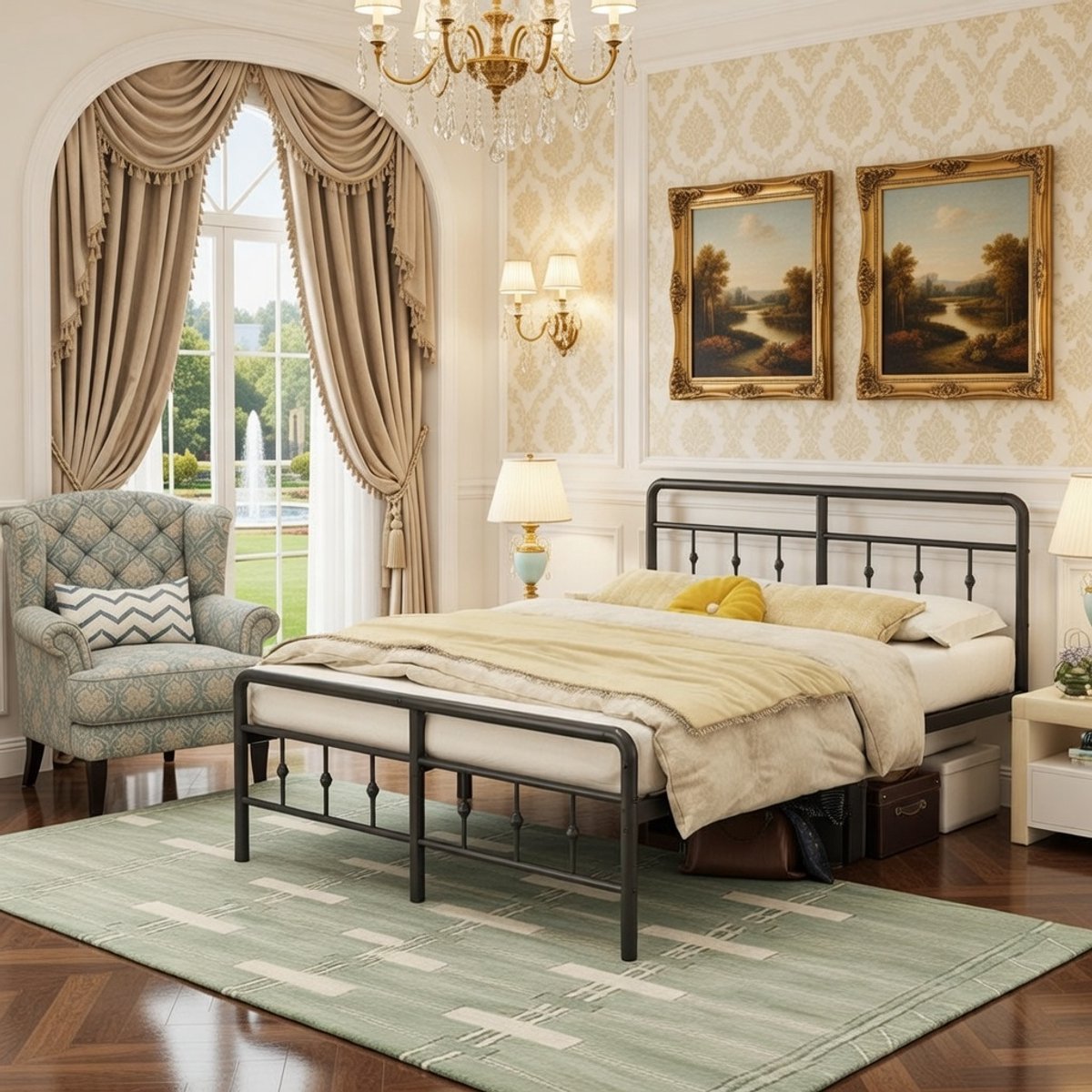 Victoria Bed 180x200 cm - Luxe Metalen Tweepersoonsbed met Hoofdeinde en Voeteneinde, Geluidsvrij, Stalen Lattenbodem, Zwart - Eenvoudige Montage Casa Serena