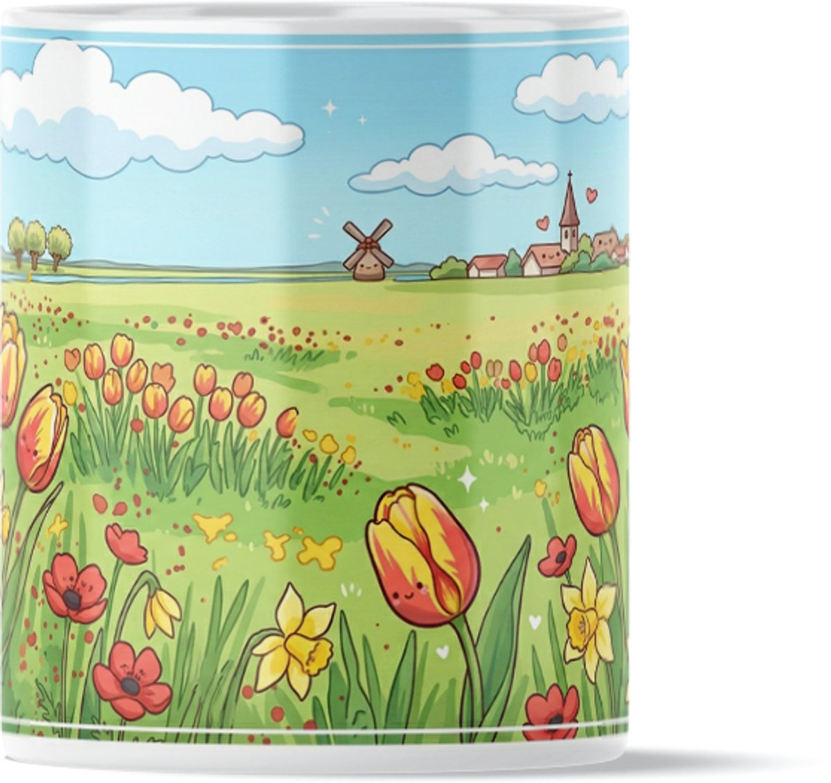 Kawaii Series Mok met Schattige Hollandse Tulpen en Molen in Vrolijk Lente Landschap - Typisch Kantoor Cadeau voor haar: Vrouw, Vriendin of Collega - Kleurrijke Bloemen Koffiemok en Theemok voor op het Werk - Unieke Drinkbeker Nederland