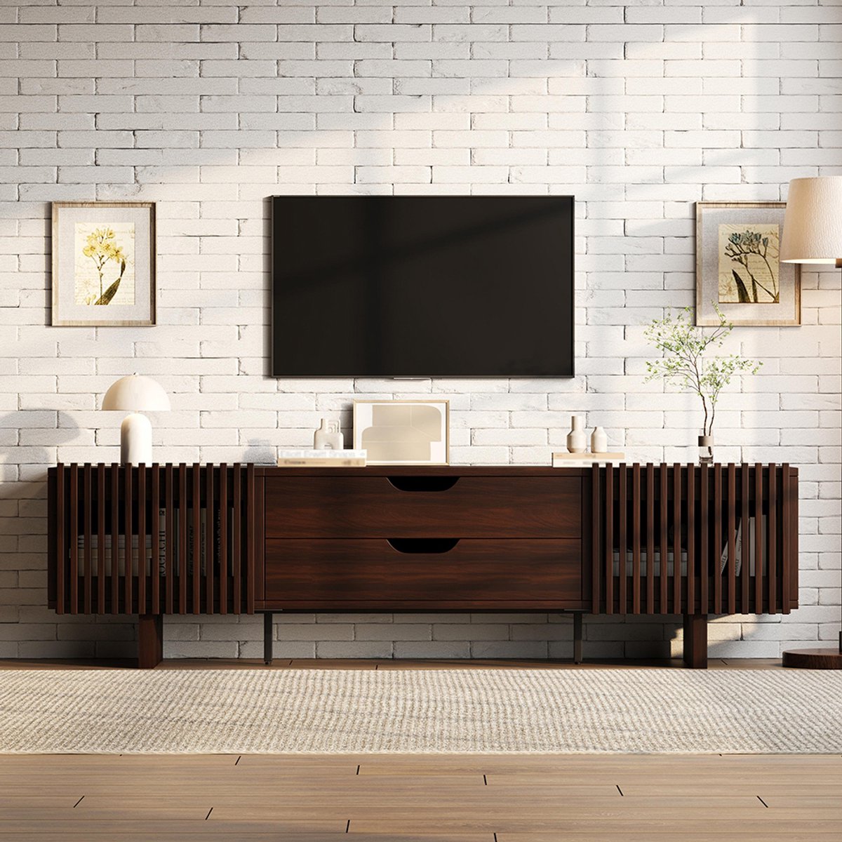 BLACKCOLORS TV-meubel 180*40*45 cm in donker notenhout, met twee lades en unieke kastdeuren, tv-meubel, laag meubel, woonkamermeubel, tv-meubel, geschikt voor tv's tot 75 inch