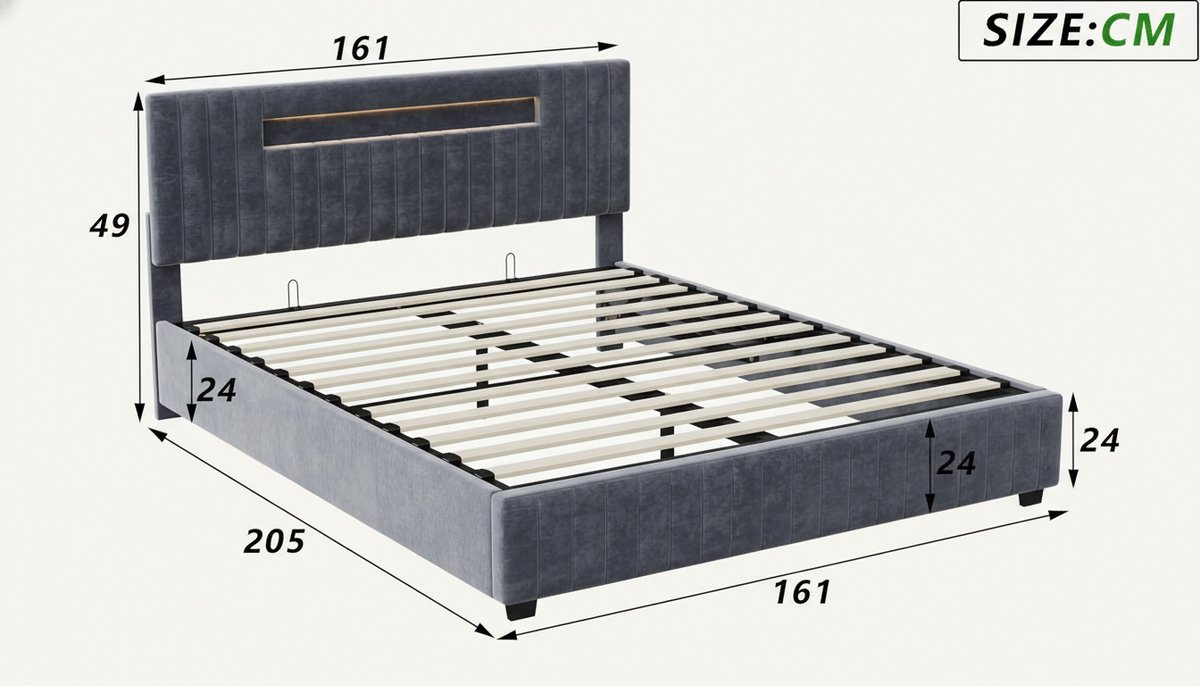 Opbergbed 160x200 cm – Casa Velluto Luxe LED Tweepersoonsbed met USB & Hydraulische Opbergruimte – Fluwelen Bedframe met Lattenbodem en Hoofdbord met Opbergvakken – Grijs