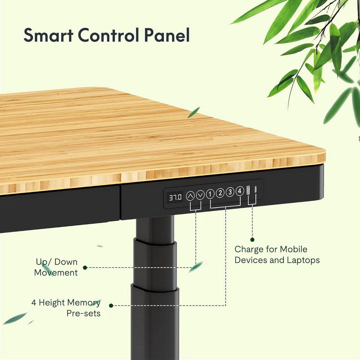 Electric Height Adjustable Desk 140x70 cm – Dual Motor, Bamboo Surface, Wireless Charging, Cable Management & Drawer – Anti-Collision, 4 Memory Presets – Abkantoor