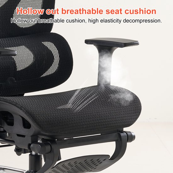 Close-up van de zitting van een zwarte bureaustoel, die het gaasontwerp en de ademende eigenschappen benadrukt. Tekst: 'Hollow out breathable seat cushion'.