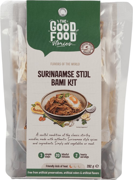 Een Surinaamse Bami Kit verpakking met een illustratie van een kom bami, noedels, gedroogde groenten en saus.