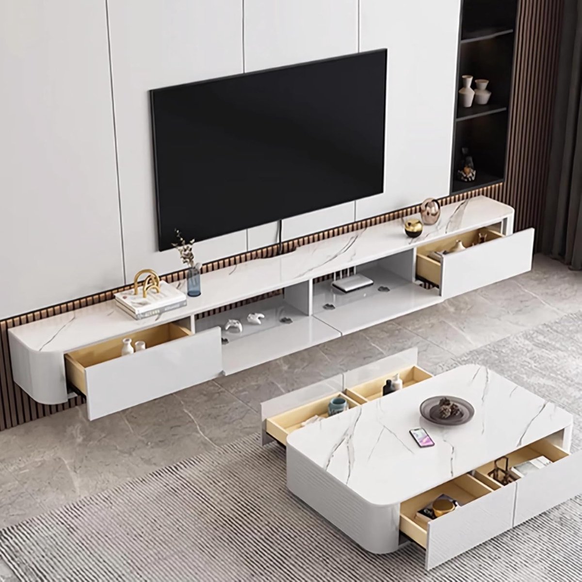 Tv-kast 140 cm Wit Modern Hangend Lowboard van Hout met Opbergladen en Open Vakken – Wandmontage Tv-meubel voor Woonkamer, Slaapkamer of Kantoor – Duurzaam en Ruimtebesparend | ABKantoor