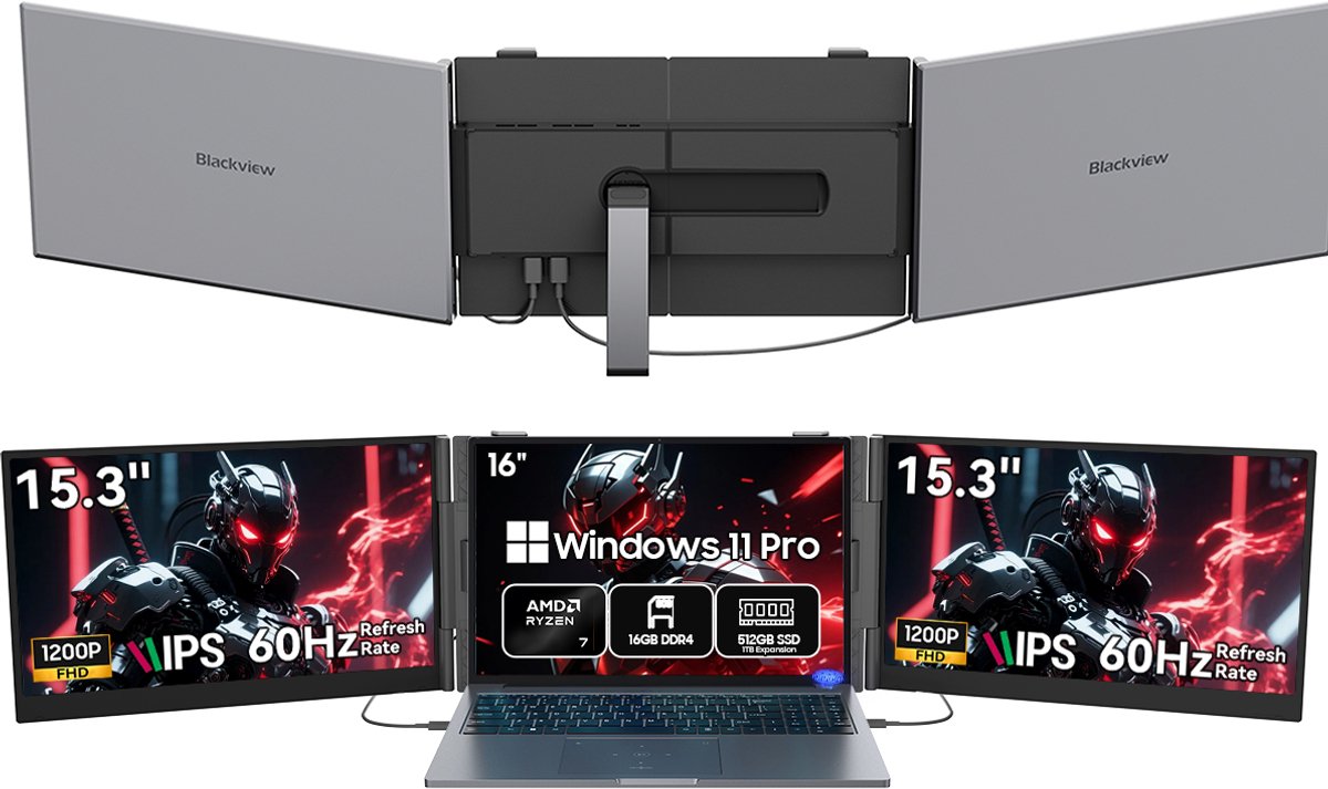 Blackview GamiBook8 Gaming Laptop (AMD Ryzen7 7735HS/16G/512G) + DCM8 15,3" Dubbele Draagbare Monitor Set, Professioneel Gaming & Creatie Accessoires (Laptop Tas/Muis/Toetsenbordstickers, Grijs)
