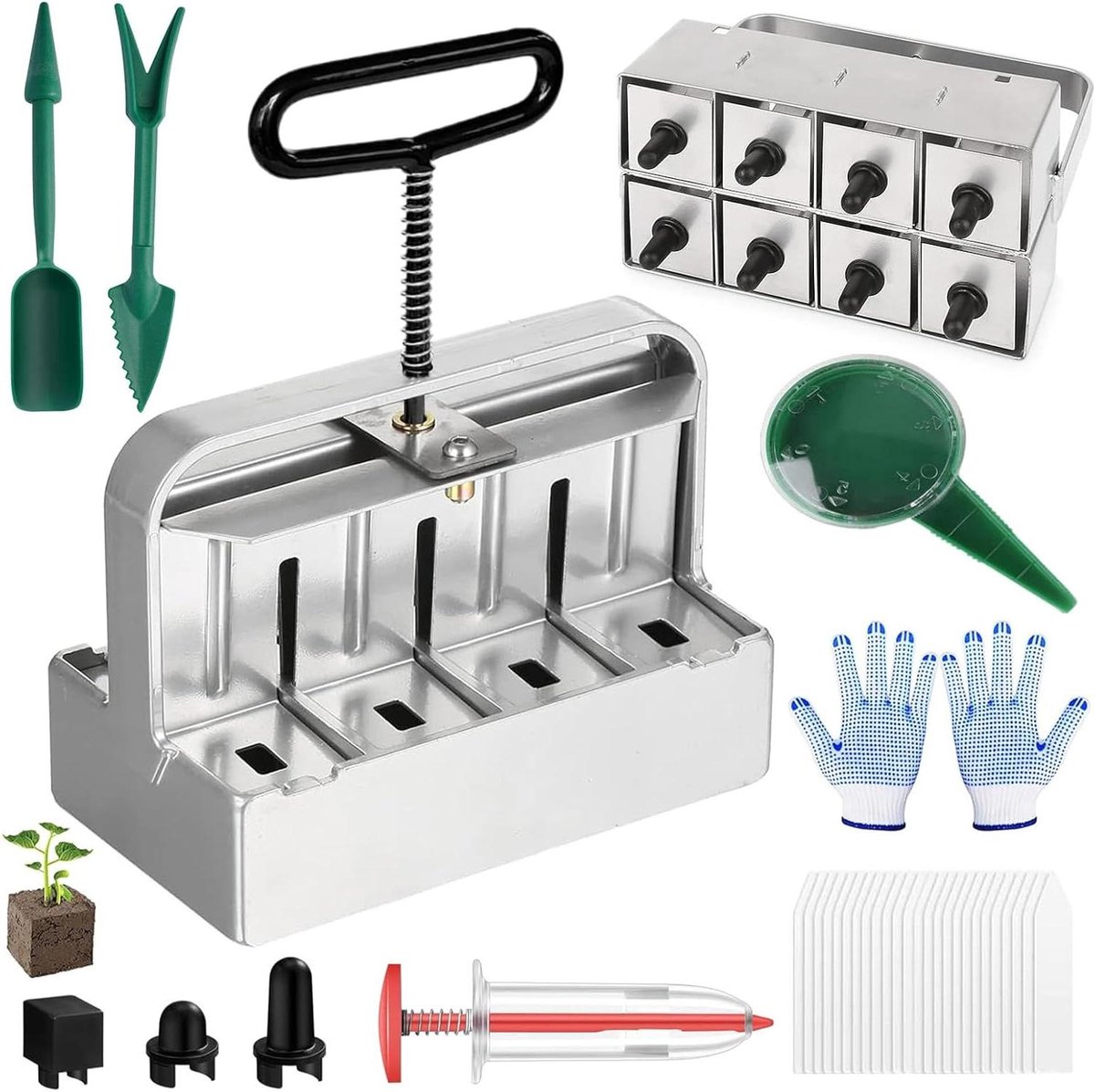 Bodemblokkering 8-vaks 5x5 cm met zaaihulp en micro-bodemblokkeerset - Handmatig en handbediend - Quad vloerblokkeermachine - Bodemblokkeergereedschap voor zaaigoed