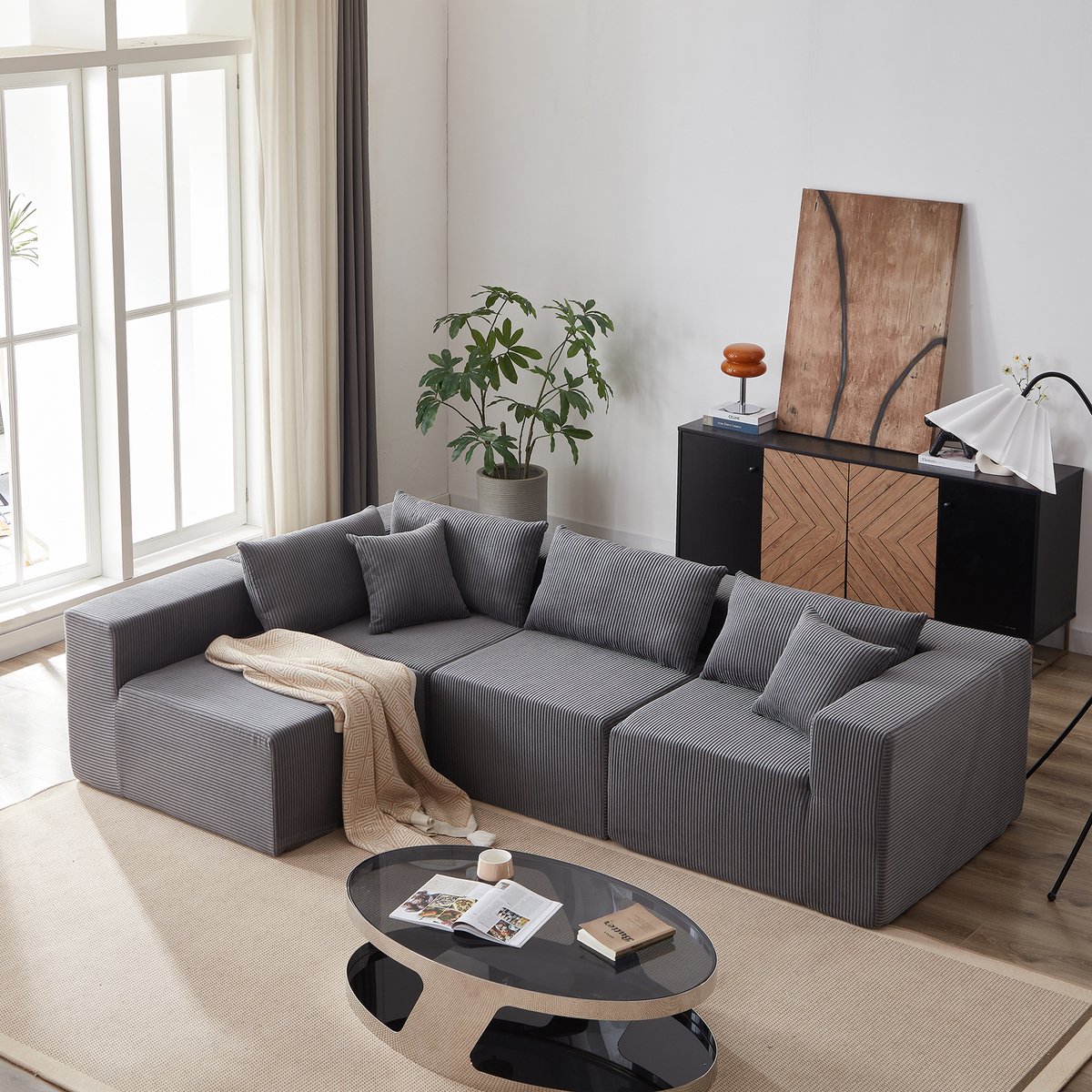 HAUSS SPOLE Hoekbank – Modulaire L Vorm – Vrij Te Combineren 4 Delig – Brede Zit & Zachte Ribstof – Voor Woonkamer En Slaapkamer – Grijs
