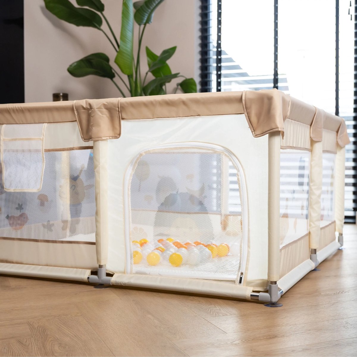 Grondbox Babybox 128x128 cm - Speelmat - Basket - 2 Optrekhandvatten – foto 3