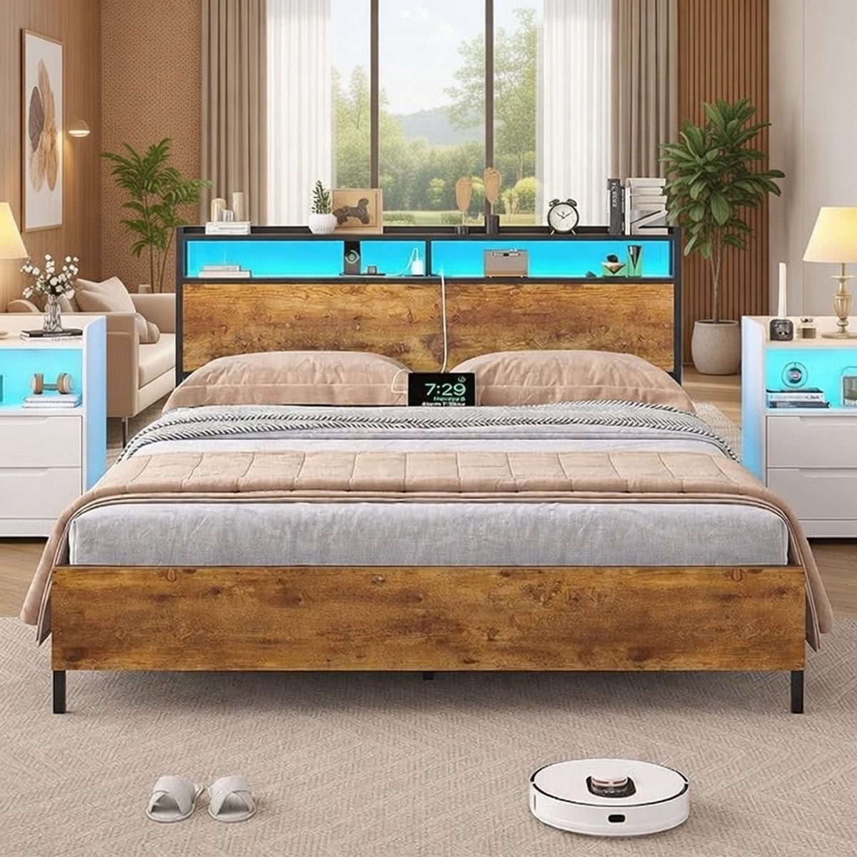 NovaLuxe LED Opbergbed 120x200 cm met USB & Stopcontacten – Metalen Bedframe met Houten Hoofdbord, RGB Verlichting, Oplaadstation en Opbergruimte – Tweepersoonsbed ZonderCasa Serena – Casa Dorada